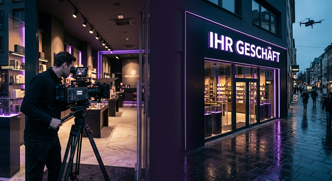 Professionelle Videoaufnahmen und Drohnenaufnahmen vor einem Geschäft